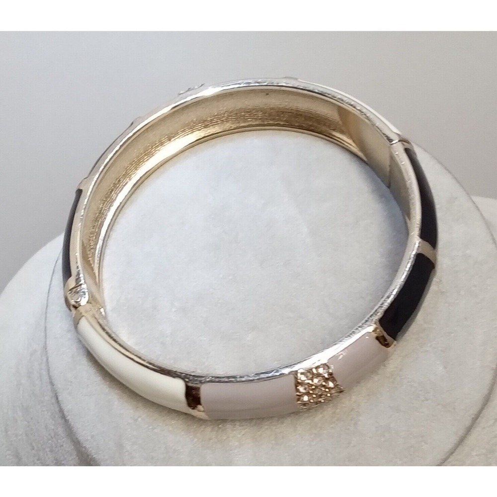 Gold Tone Enamel Hinged Bangle Bracelet Black White Taupe Rhinestone Accents